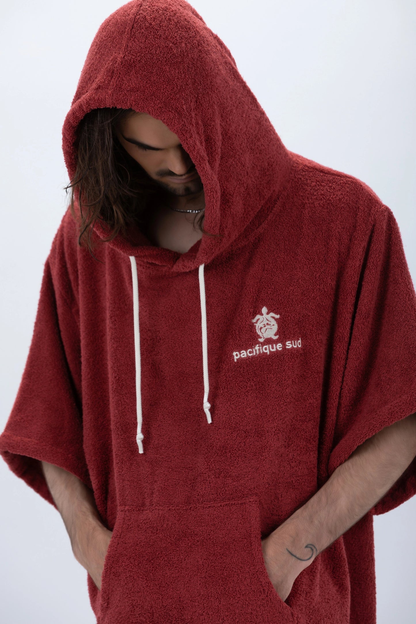Surf Poncho Bordowy - Rozmiar uniwersalny - Bawełna - z rękawami