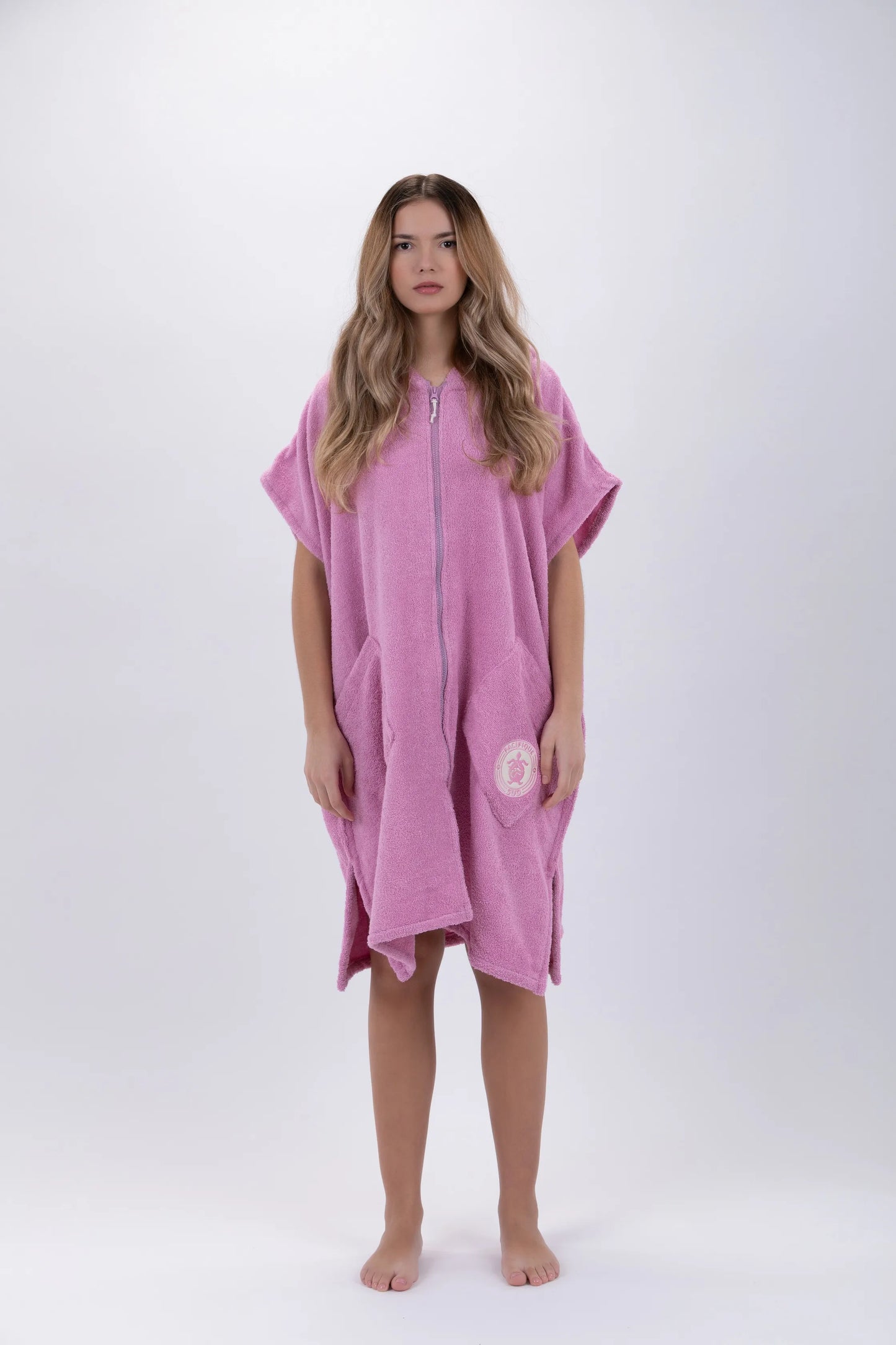 Poncho Surf Rosa - Tamanho Único - Algodão - Sem mangas - Com Fecho Zip