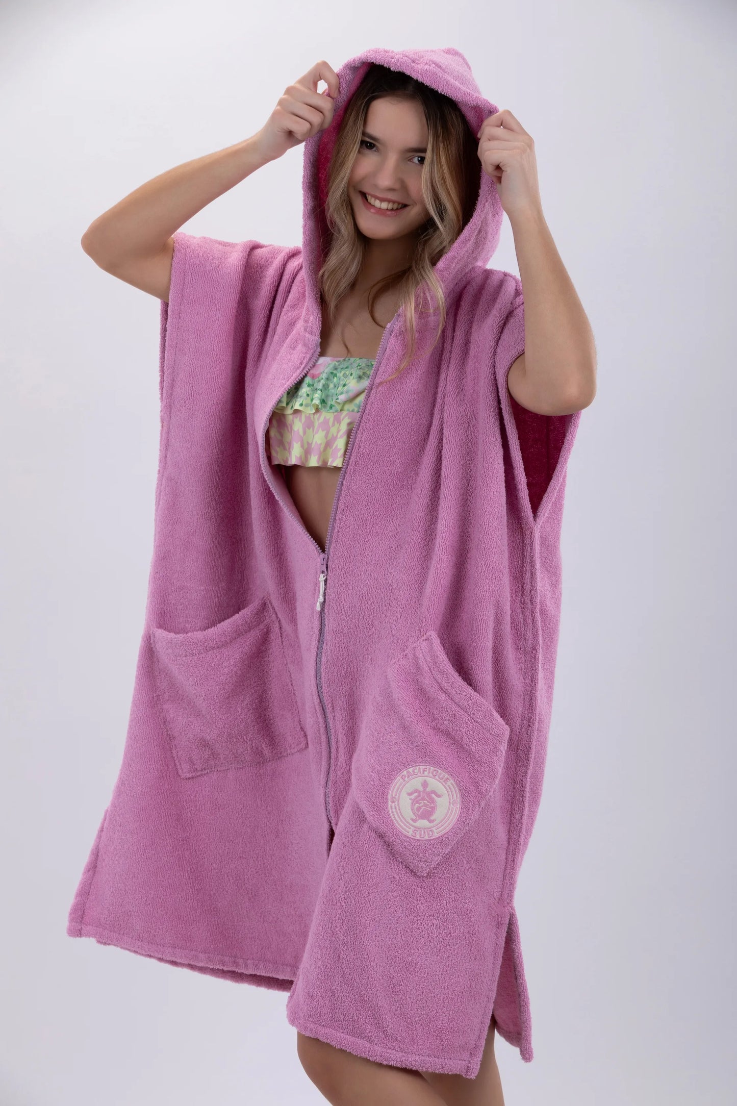 Poncho Surf Rosa - Tamanho Único - Algodão - Sem mangas - Com Fecho Zip